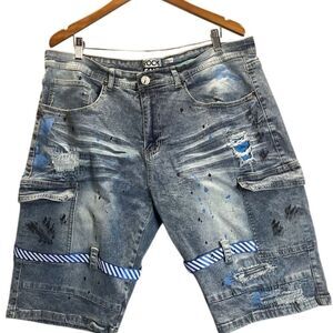 Rock Salt Men's Thrashed Street Distressed Denim Cargo Shorts Blue Size 40
